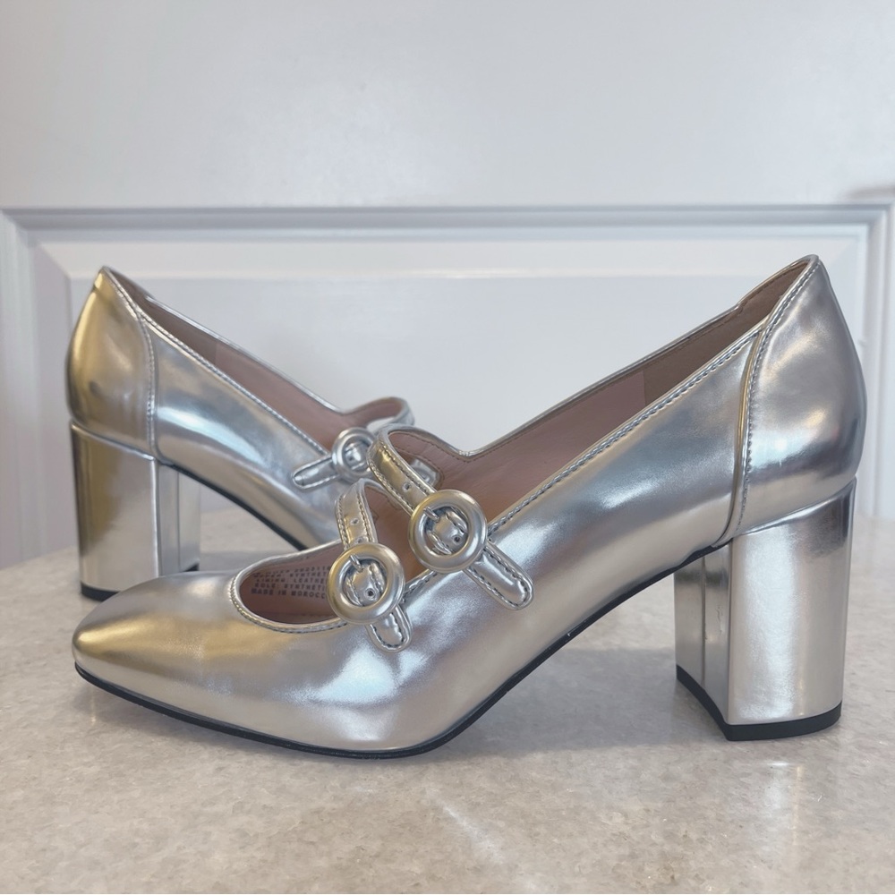 J. Crew Maisie Silver Mary Jane Double-Strap Heels, Size 8, Excellent Condition